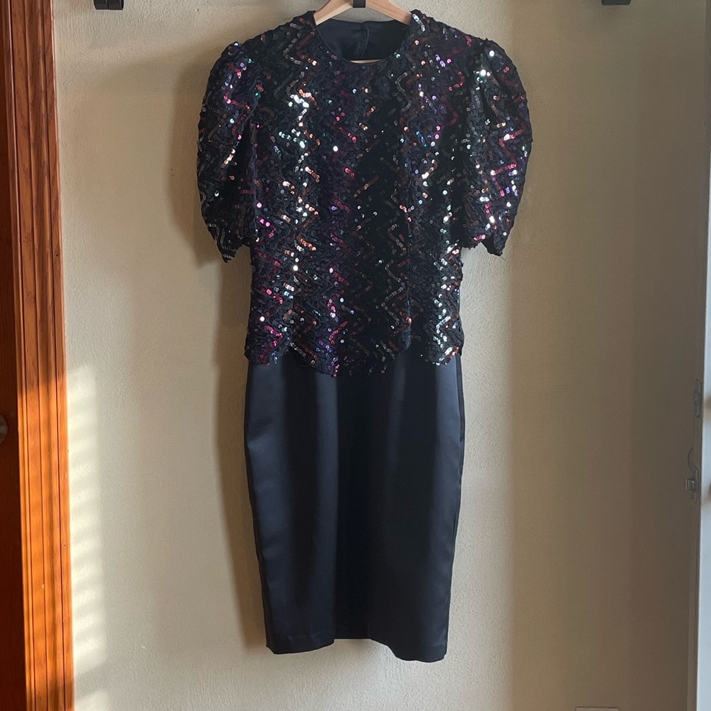 Scott McClintock Vintage Black Sequin Embellished Knee Length / Midi Dress 10